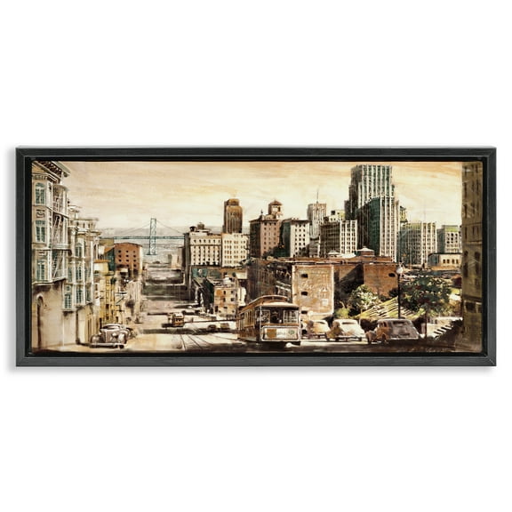 Stupell Industries Industrial City Scene Scenery Painting Black Floater Framed Art Print Wall Art, 25 x 11