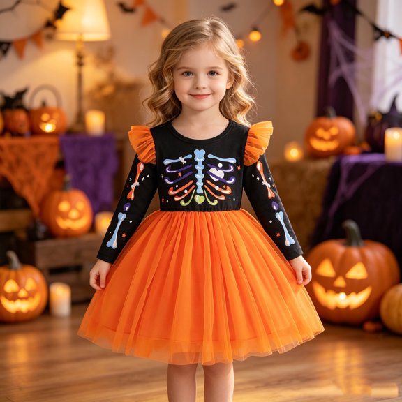 Little Toddler Dress Long-sleeve Fun Print All Over Print Comfortable Lightweight Trendy Mesh Tulle for Halloween Dress Set