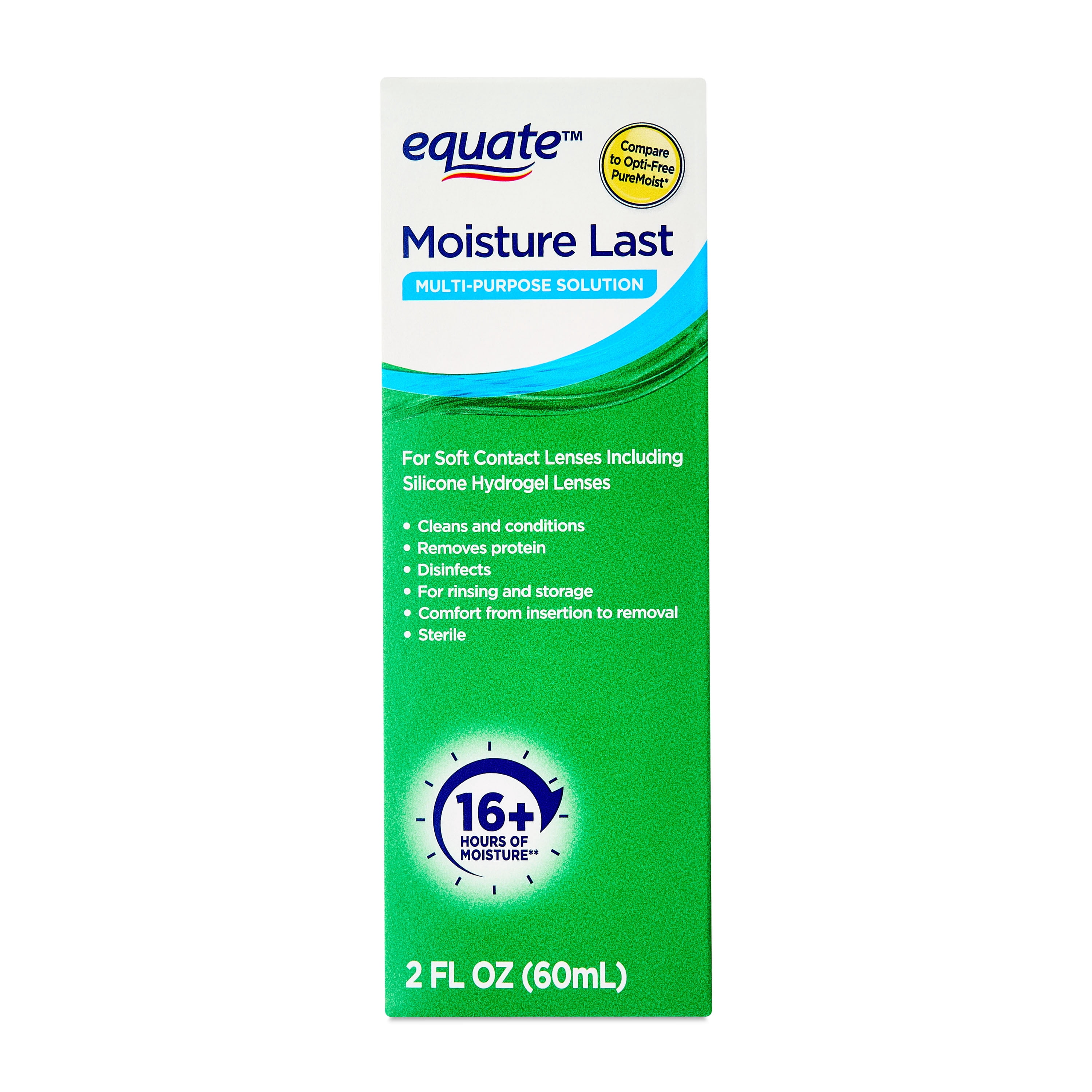 (6 pack) Equate Moisture Last Multi-Purpose Solution for Soft Contact Lenses, 2 fl oz, Compare to Opti-Free Pure Moist