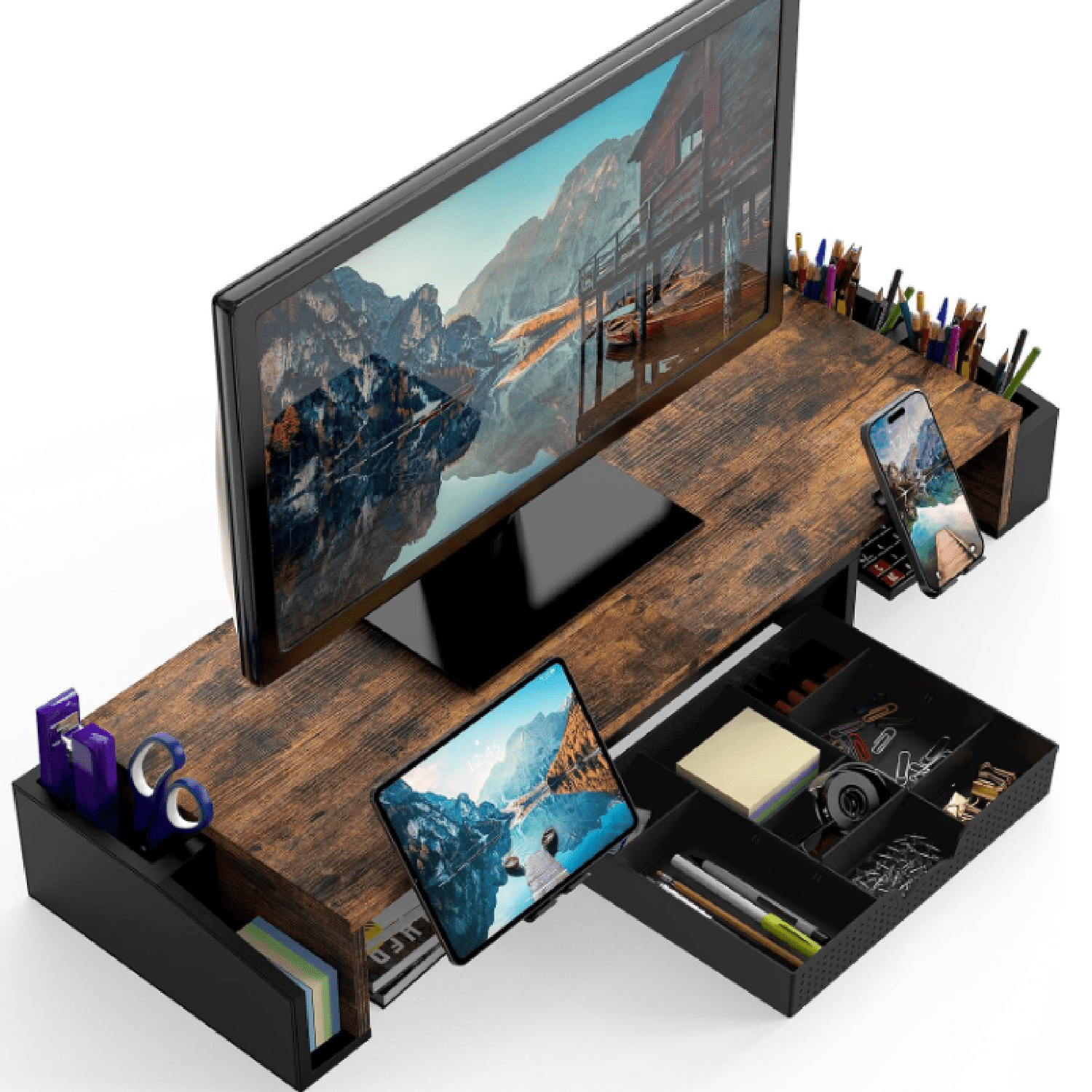 Simple Houseware Desk Dual Monitor Stand Riser with Drawer, Rustic Brown