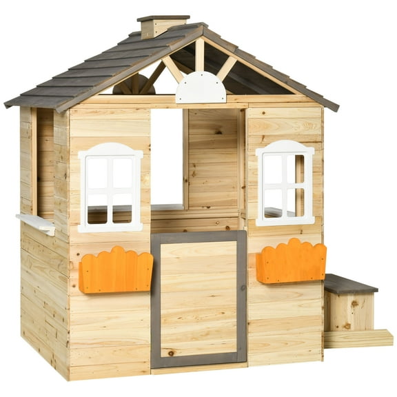 Ambifirner Outdoor Kids Playhouse Solid Fir Wooden Playhouse with Working Door & Windows, Built-in Service Station & Flowerpot Holders   Bench, Backyard Role-Play & Garden Adventure