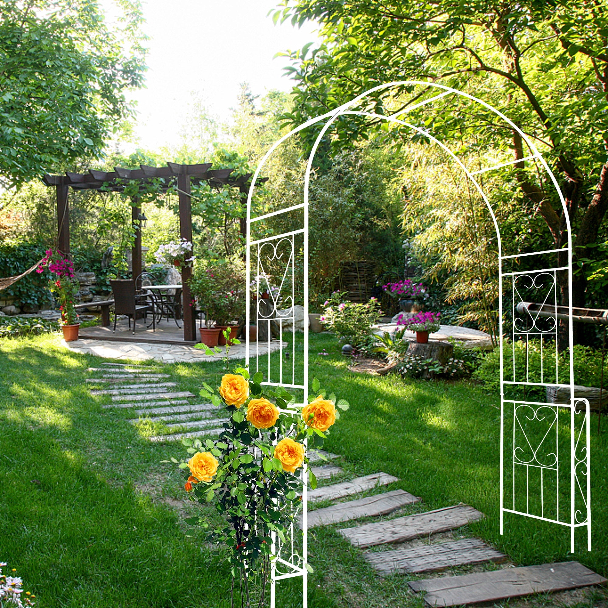 Garden Arch W55" x H94.5" Garden Arbor Trellis Climbing Plants Support Rose Arch Outdoor Arch Cream White