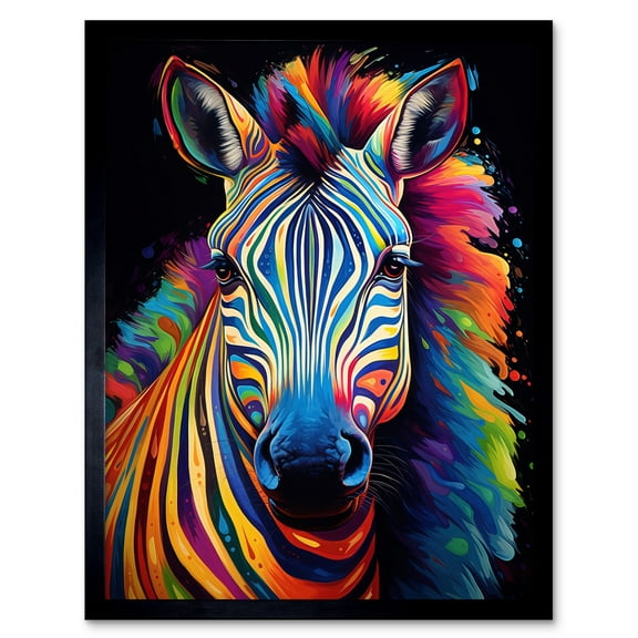 Rainbow Striped Zebra Colourful Vibrant Bold Psychedelic Neon Impact Artwork Art Print Framed Poster Wall Decor 12x16 inch