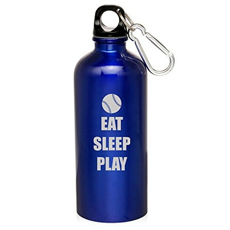 Bottle Edt - 20oz Aluminum Sports Water Bottle Caribiner Clip Eat Sleep Play Baseball Softball (Blue)