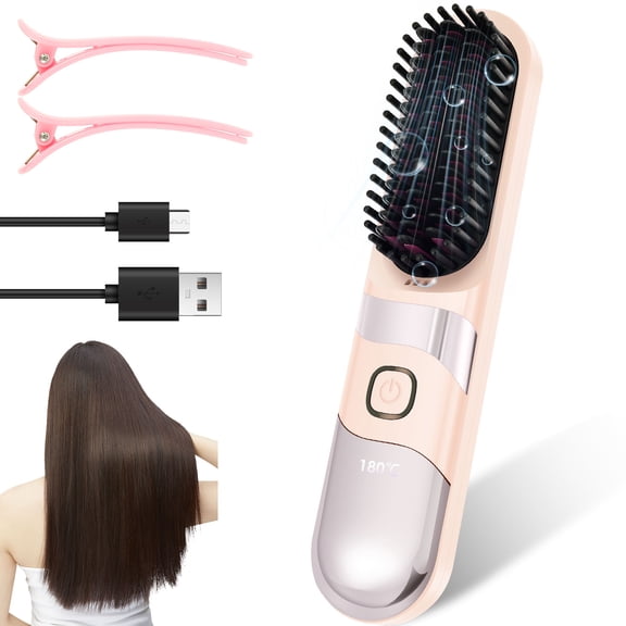 Threns Cordless Hair Straightener Brush with 3 Temperature Settings Rechargeable Hair Straightener Comb Portable Straightening Brush for Travel