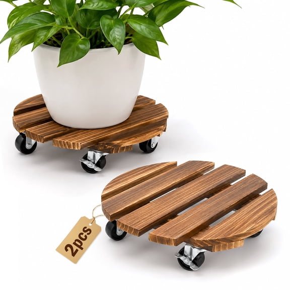 2 Pack 12 Inch Plant Caddy with Wheels, Wooden Plant Stand with Wheels, Rolling Plant Stand for Indoor Outdoor Large Planters, Locking Casters, No Assembly Required