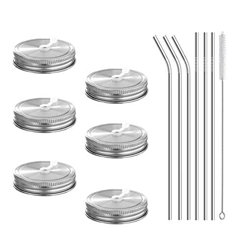 Including 6pcs Stainless Steel Straws and 1pcs Cleaning Brush Compatible with Ball & Kerr Mason Jars 6pcs Pack 18/8 Stainless Steel Regular Mouth Mason Jar Lids with Straw Hole 