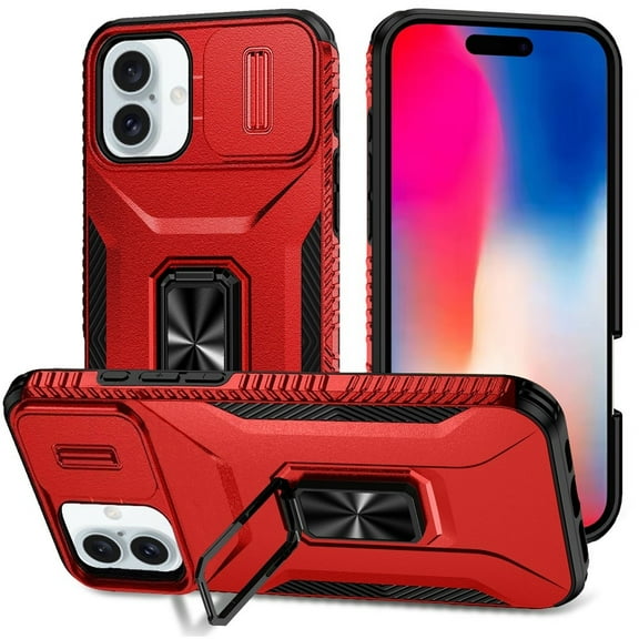 For Apple iPhone 16 Pro (6.3") Camera Cover Phone Case with Magnetic Rotation Ring Stand [Military Grade] Hybrid Hard Shockproof Cover ,Xpm Phone Case [ Red ]