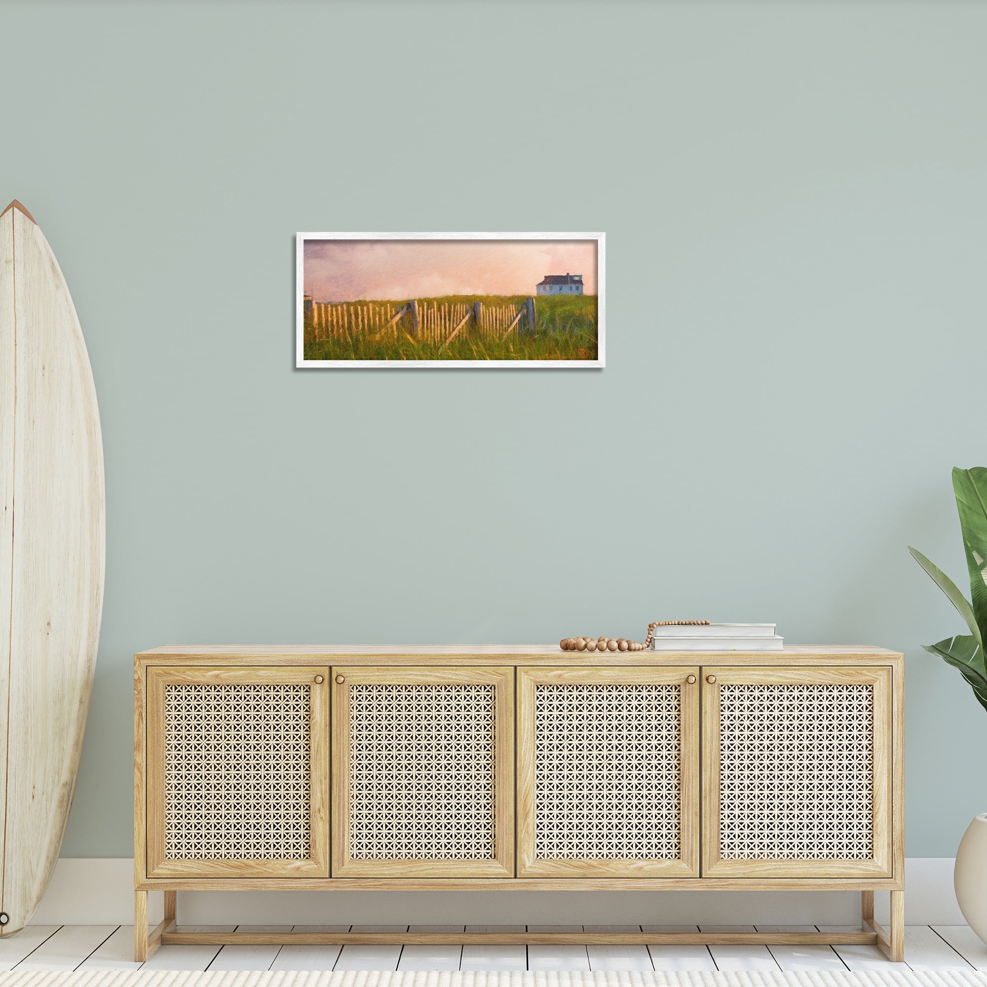 Stupell Industries Nautical Beach Cottage Landscape Painting White Framed Art Print Wall Art, 30 x 13