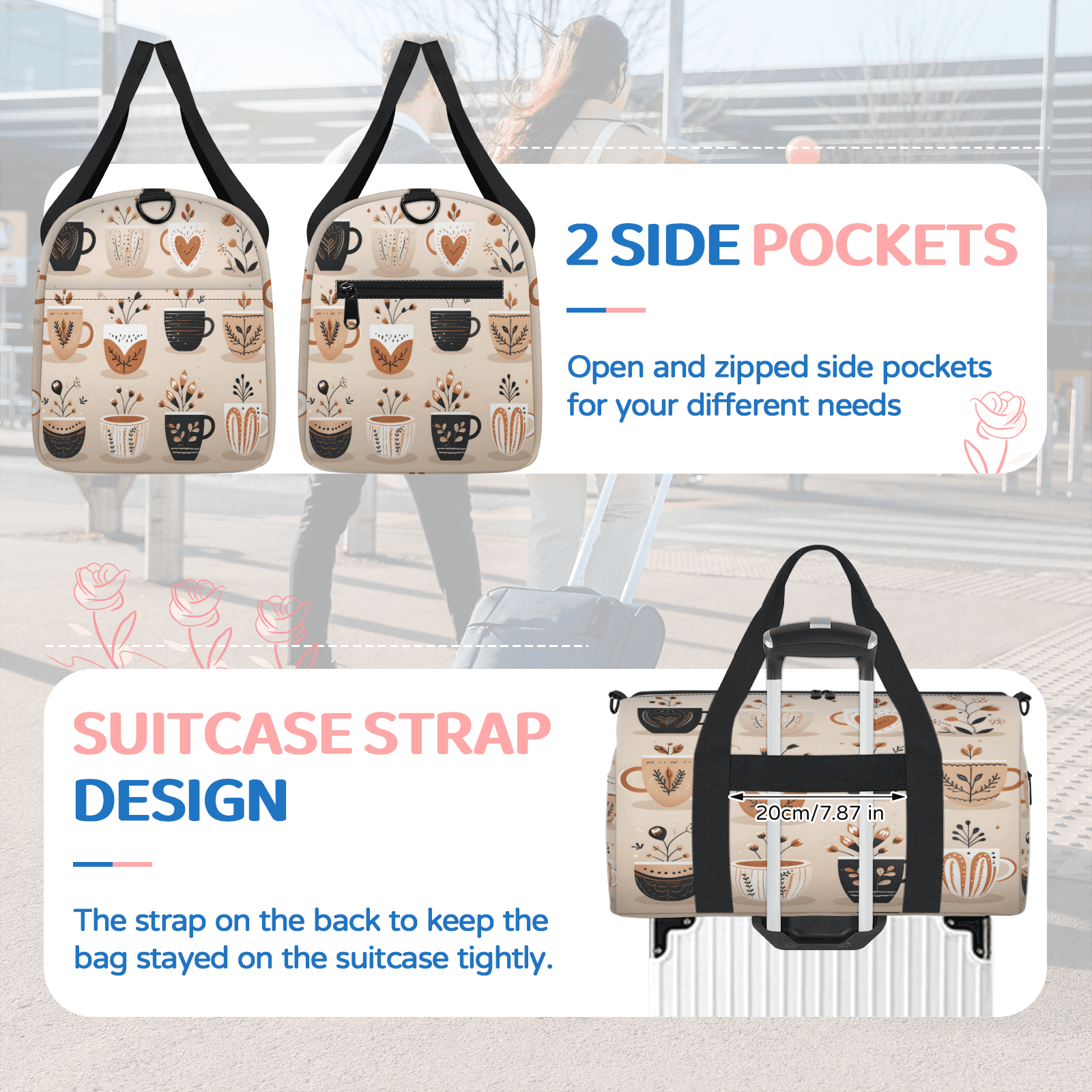 Herdesigns Cute Coffee Gym Bag for Women, Duffle Bag for Travel Sport, Lightweight Waterproof Carry on Weekender Overnight Dance Yoga Workout Bags