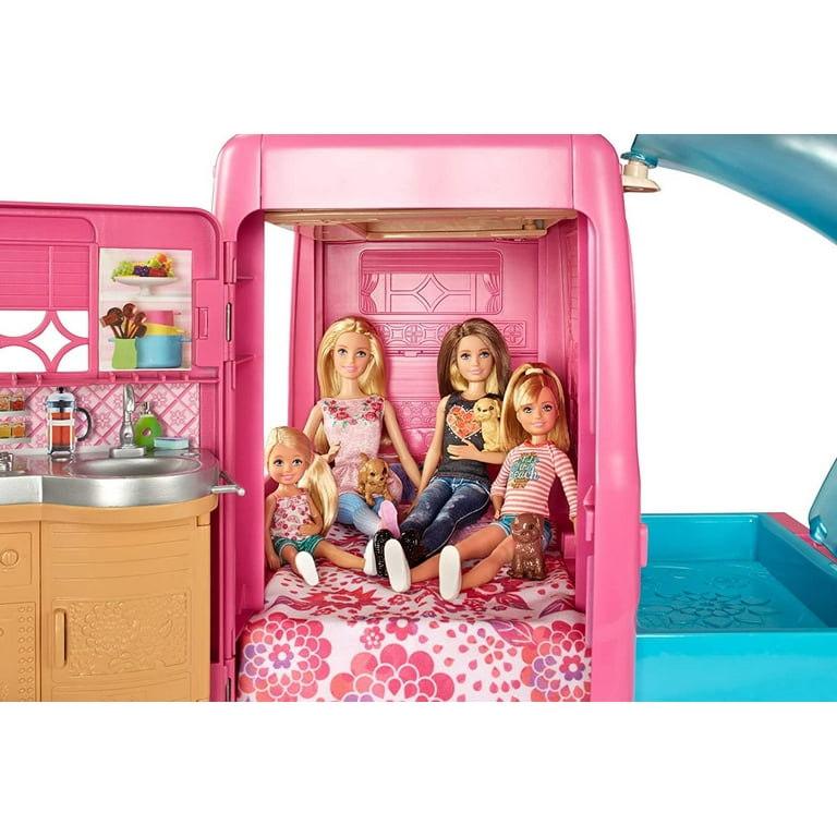 Barbie Camping-Car Transformable poupée Barbie sisters dolls morning  routine in Dream Camper Van 