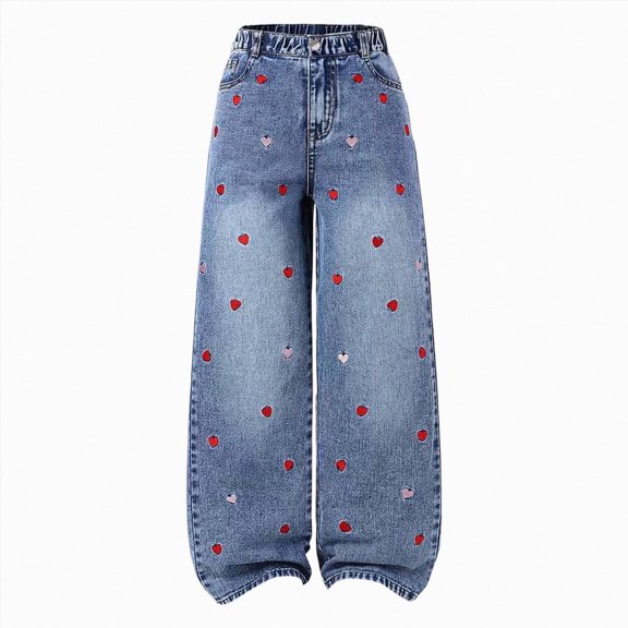 CAUYDY Girls Jeans Baggy Cute Kids Y2K Denim Pants with Pockets High Waisted Embroidered Trousers Gift for Children Sizes 5-6 Years