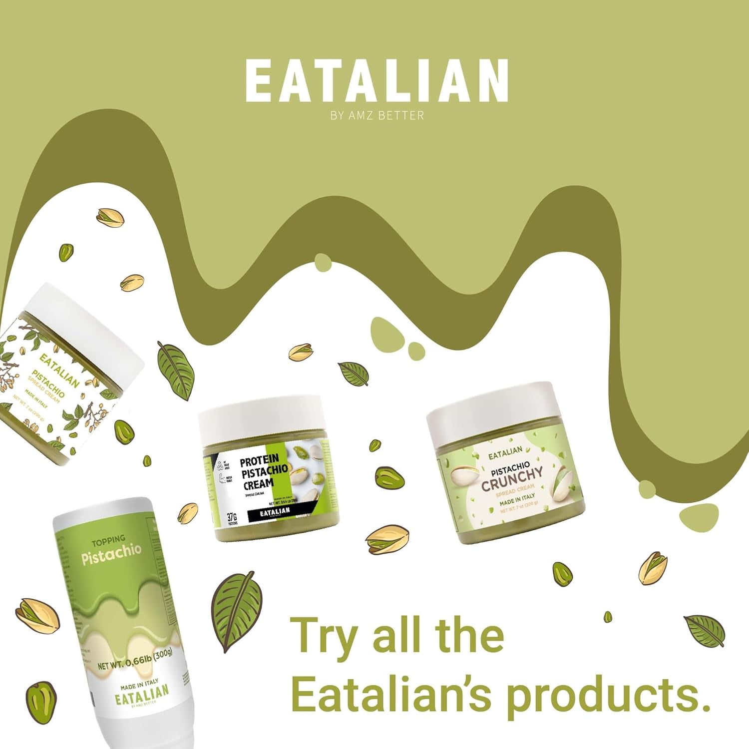 EATALIAN by AMZ BETTER Pistachio Cream, 17.63 oz/500 gr, Delicious Spreadable Cream with Sweet and Unique Taste, Perfect with Ice Creams, for Filling Cakes and Dubai Chocolate, Made in Italy