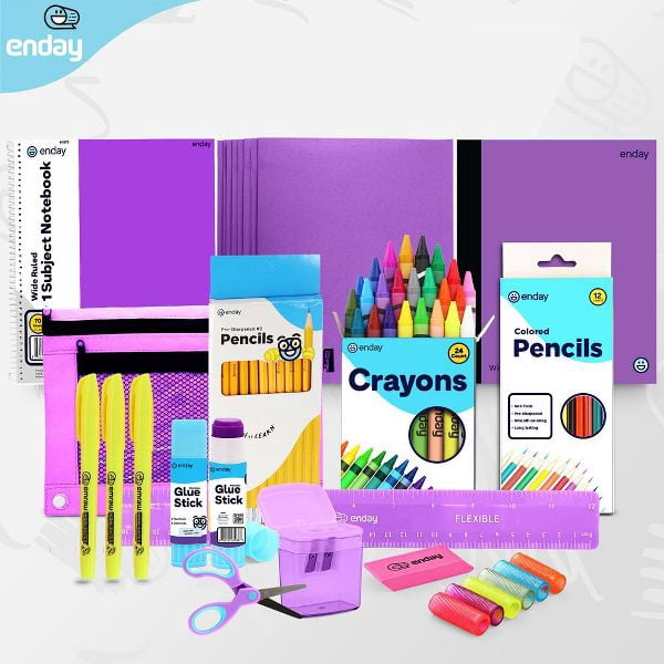 School Supplies Kit for Grades K–5 – 71 Items: Composition Notebook Subject Notebook, Pencils, Folders Colored Pencils, Crayons, Scissors, Glue & More