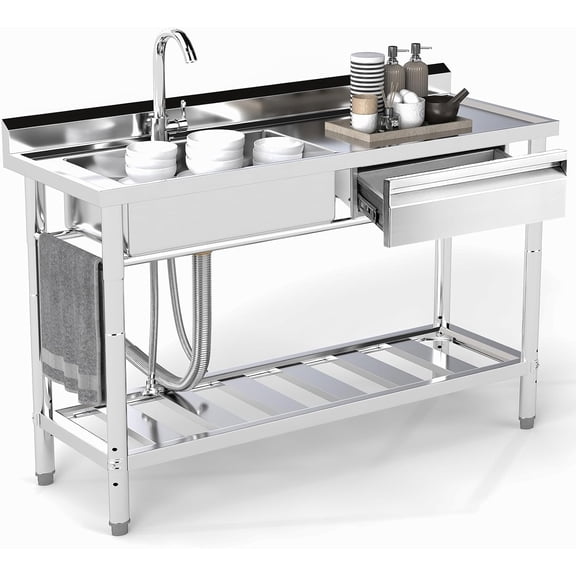 Stainless Steel Utility Sink, 47.2'' Free Standing Single Bowl Kitchen Sink with Right Drawer, Cold and Hot Water Pipe, Indoor and Outdoor for Laundry Room Farmhouse Kitchen(47.2 inch)