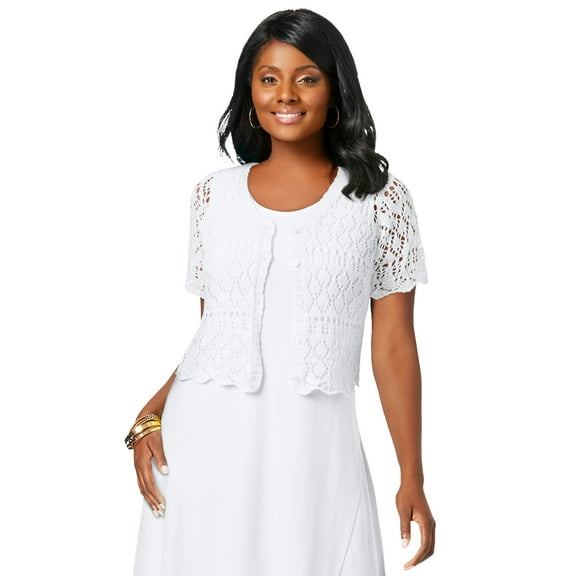 Jessica London Women's Plus Size V-Neck Short Sleeve Open Front Button Up Crochet Shrug