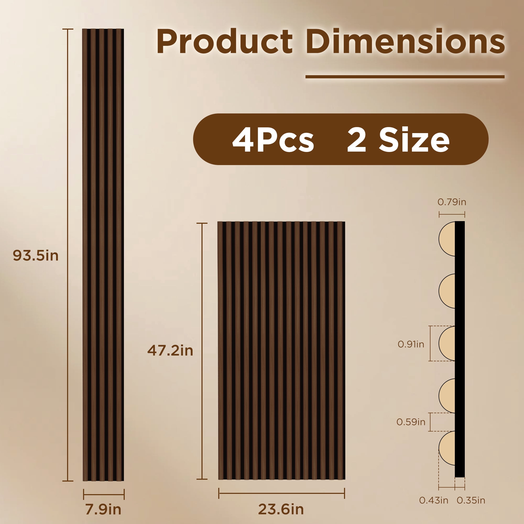 Fahomiss Half-Round Fluted Acoustic Wood Slat Wall Panels 4-Pack 47"x24", Walnut 3D Soundproof