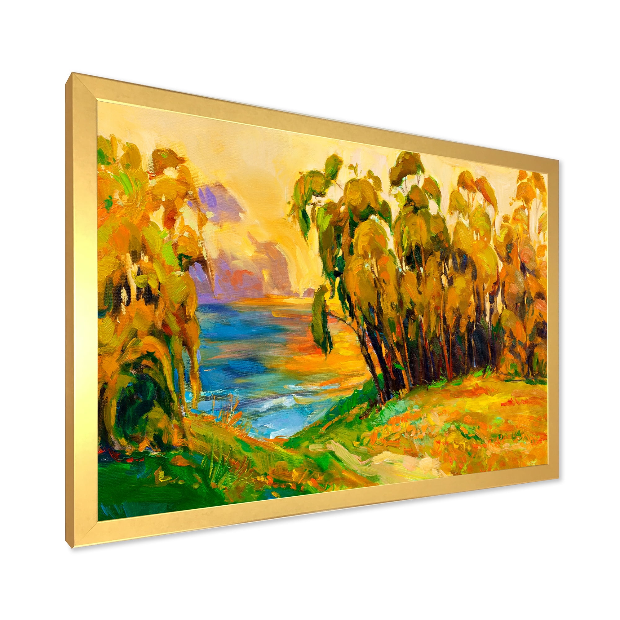 Brown Trees By The Riverside During Evening Glow 40 in x 30 in Framed Painting Canvas Art Print, by Designart