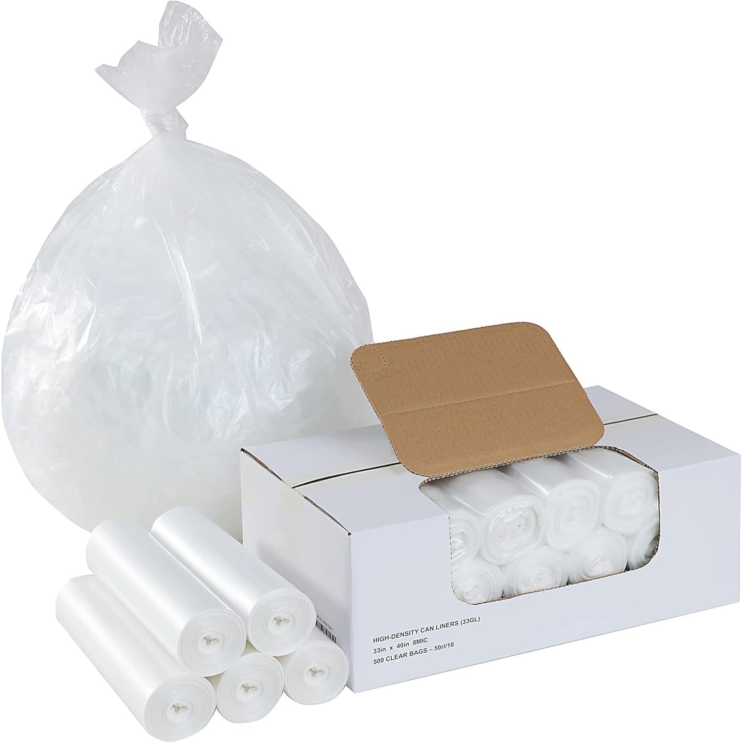 33 Gallon Clear Trash Can Liners - 33" x 40" - High Density Garbage Bags - Case of 500 - Multipurpose for Office, Outdoor, Recycling, Industrial and Commercial