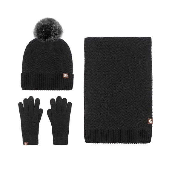 UTSJKR Winter Scarf Hat Glove Set Rhombus Knitted Beanie Hat with Pom Pom Long Scarf Touch Screen Gloves Warm Soft Wool Black