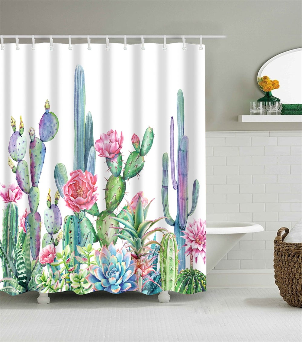 72*72 in Shower Curtain Art Bathroom Decor Plants Cactus Design Green 12 hooks 