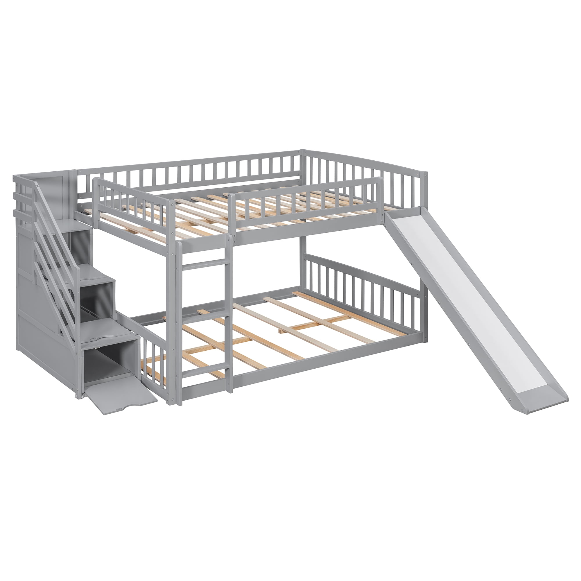 Mintazer Full Over Full Bunk Bed with Storage Staircase & Convertible Slide, Kids Bunk Bed Frame with Guardrails & Ladder, No Box Spring Needed, Gray