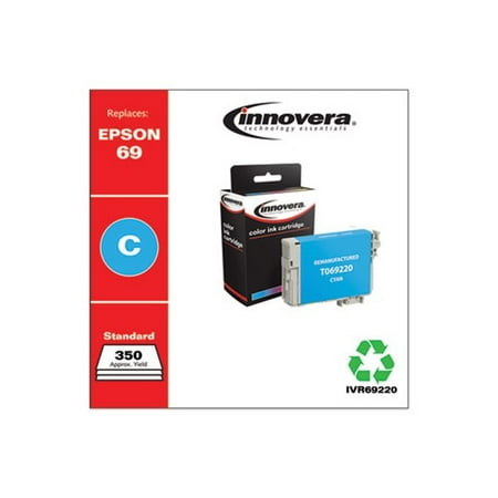 Remanufactured Cyan Ink Replacement for Epson 69 T069220  350 Page-Yield Innovera remanufactured ink cartridges offer a high quality  low cost alternative to national brand cartridges. Innovera ink cartridges are remanufactured using a state-of-the-art process that includes proprietary digital filling and sealing techniques and premium inks that are specially formulated for each printer to ensure reliable performance that meets or exceeds the performance of the national brands from the first page printed to the last. Device Types: Inkjet Printer Colors: Cyan Page-Yield: 350 Supply Type: Ink.