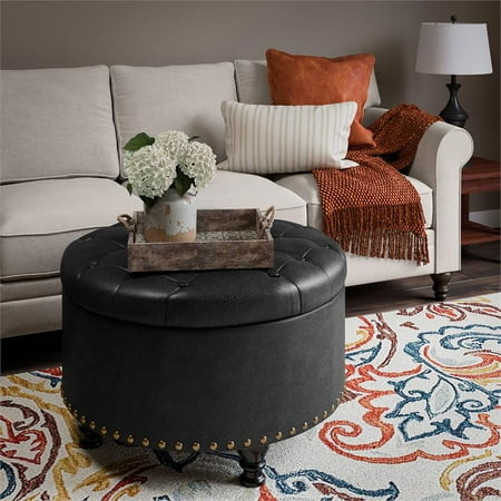 Round Tufted Storage Ottoman With Nailhead Trim In Black Canada Round Tufted Storage Ottoman With, Black Round Tufted Storage Ottoman