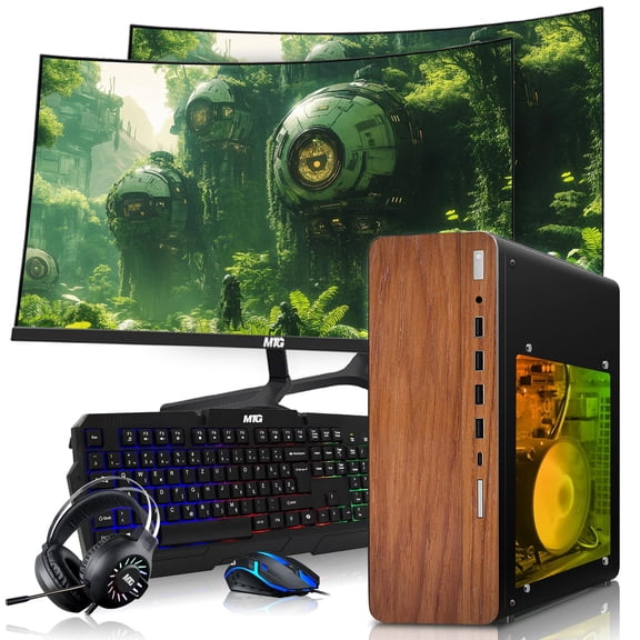 Restored HP Full Dark Gaming PC Desktop Computer – AMD Pro A10-9700,RX 550 Graphics,16GB RAM,512GB SSD,Dual 32 Inch Curved Monitor,RGB Keyboard with AI Copilot,Mouse,WiFi,RGB Headphone,Windows 11