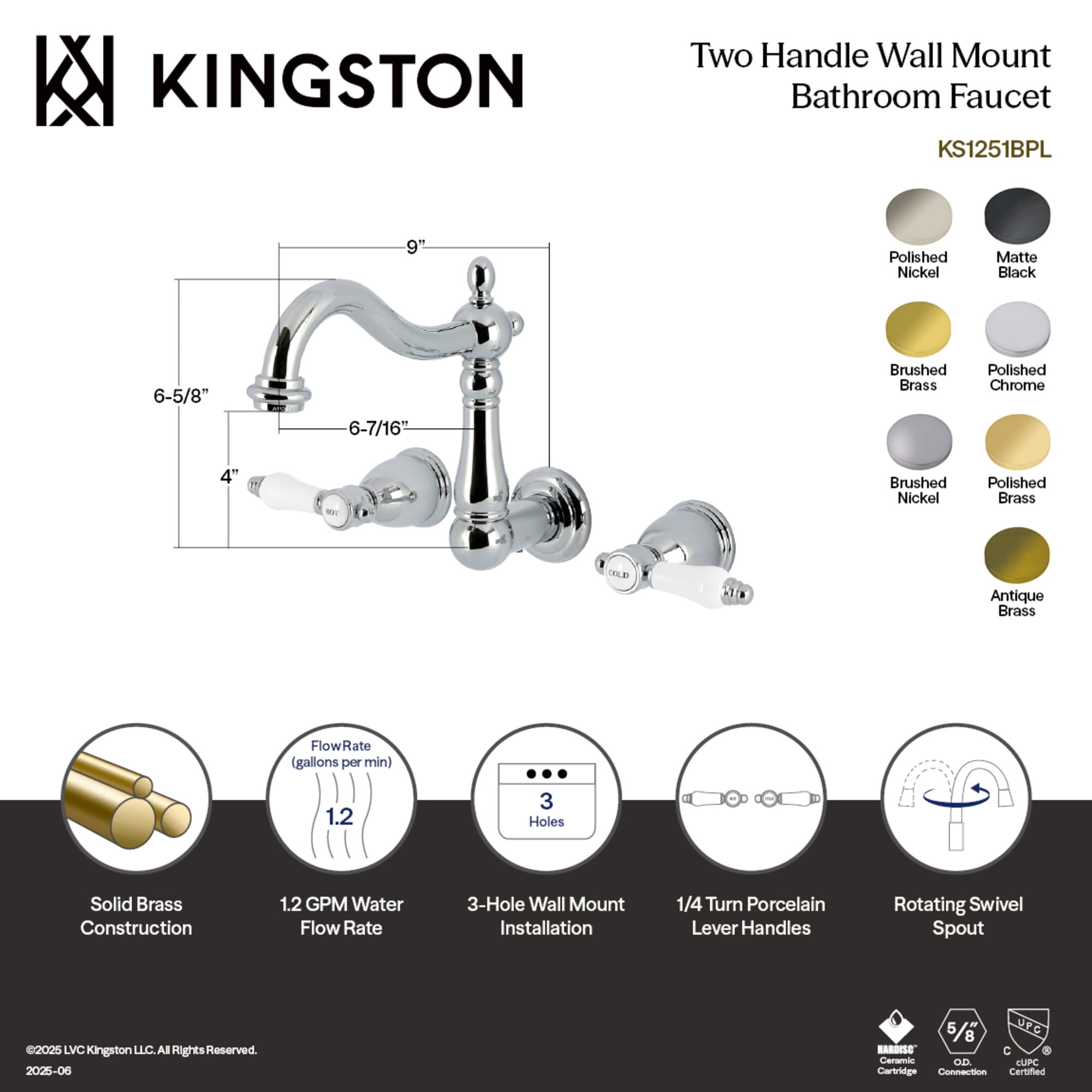 Kingston Brass KS1253BPL Bel-Air Double-Handle 3-Hole Wall Mount Bathroom Faucet in Antique Brass