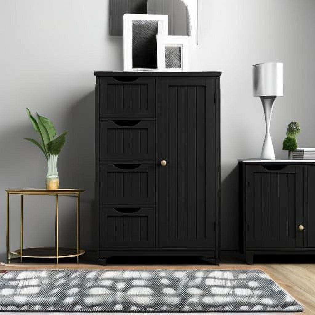 Wooden Bathroom Floor/Side Storage Organizer Cabinet with 4 Drawers and 1 Cupboard, Freestanding Entryway Storage Unit Console Table for Home Decor
