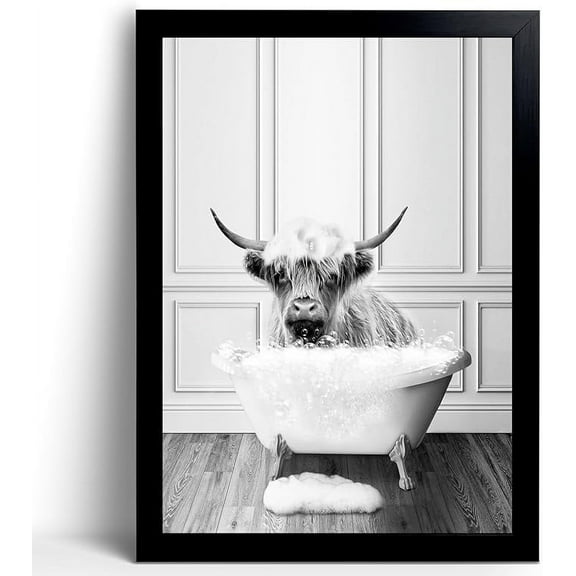 Highland Cow Bathroom Pictures Wall Decor - Funny Black and White Bathroom Decor Wall Art, Canvas Wall Art Home Unframed