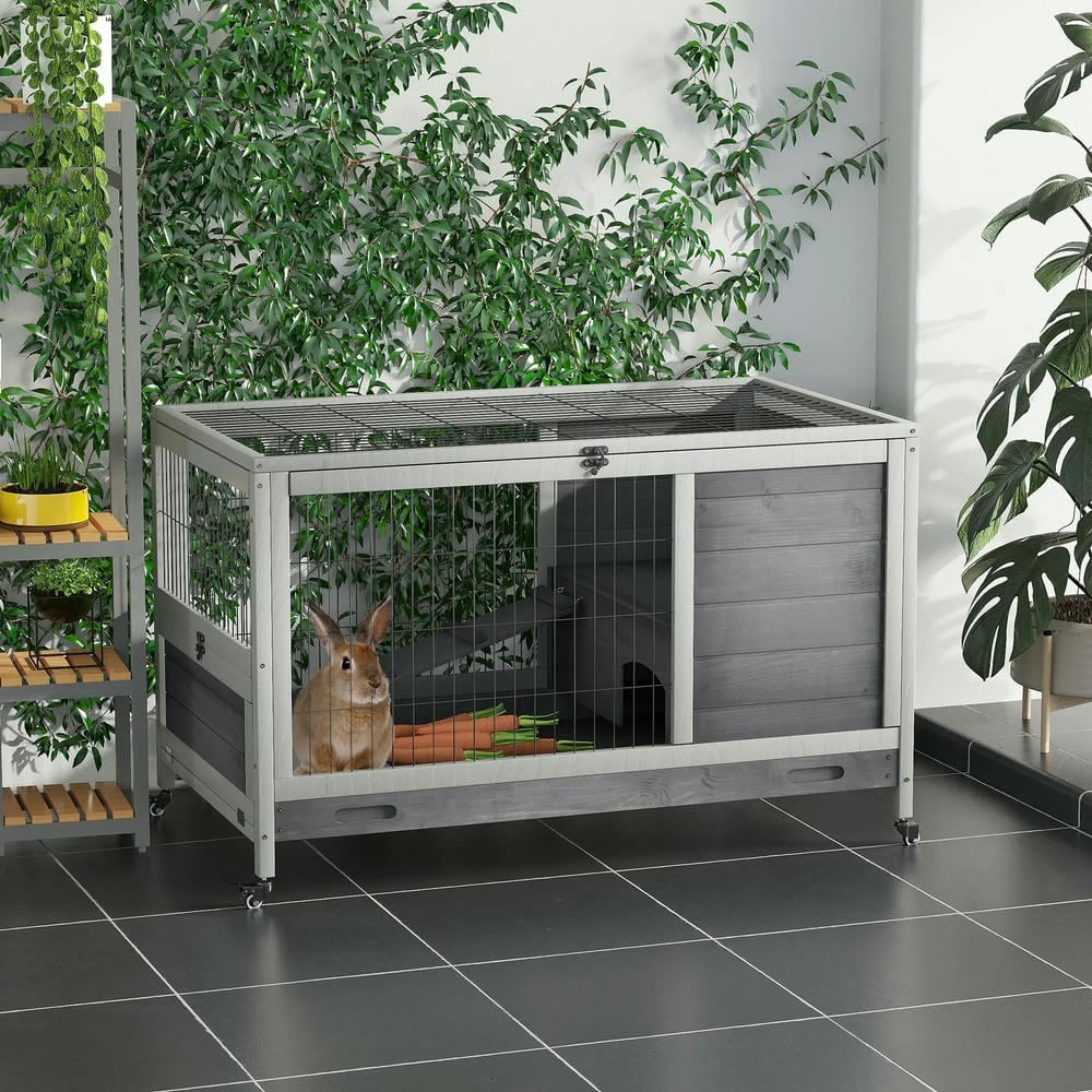 Spaco Indoor Rabbit Enclosure, Wooden Elevated Cage Habitat with Enclosed Run with Wheels for Rabbits and Guinea Pigs, Gray