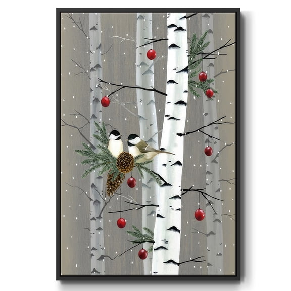 Birch Birds II - Framed Gallery Wrapped Holiday Canvas - 17 x 25 - Black Frame