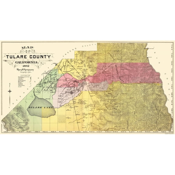 Historic County Map - Tulare County California - Thompson 1892 - 42.75 x 23 - Vintage Wall Art