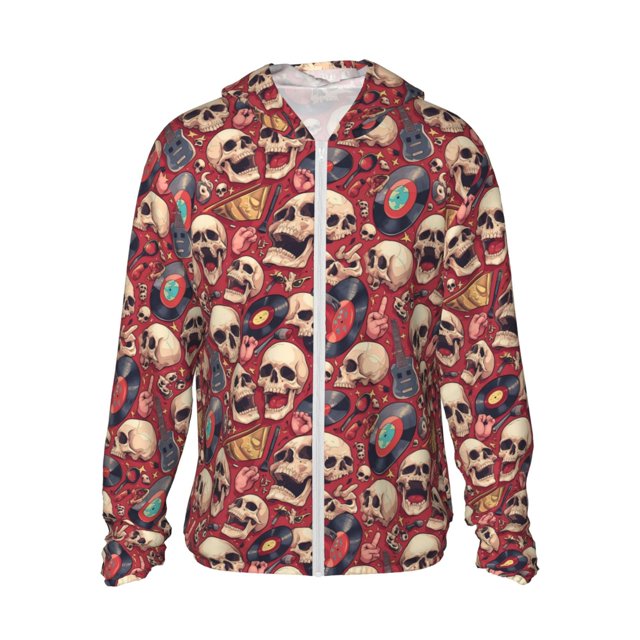 Balery Skull record Guitar music Sudadera ligera de manga larga con capucha y protección solar UPF 50+ para hombre y mujer, ideal para pesca y running-Large