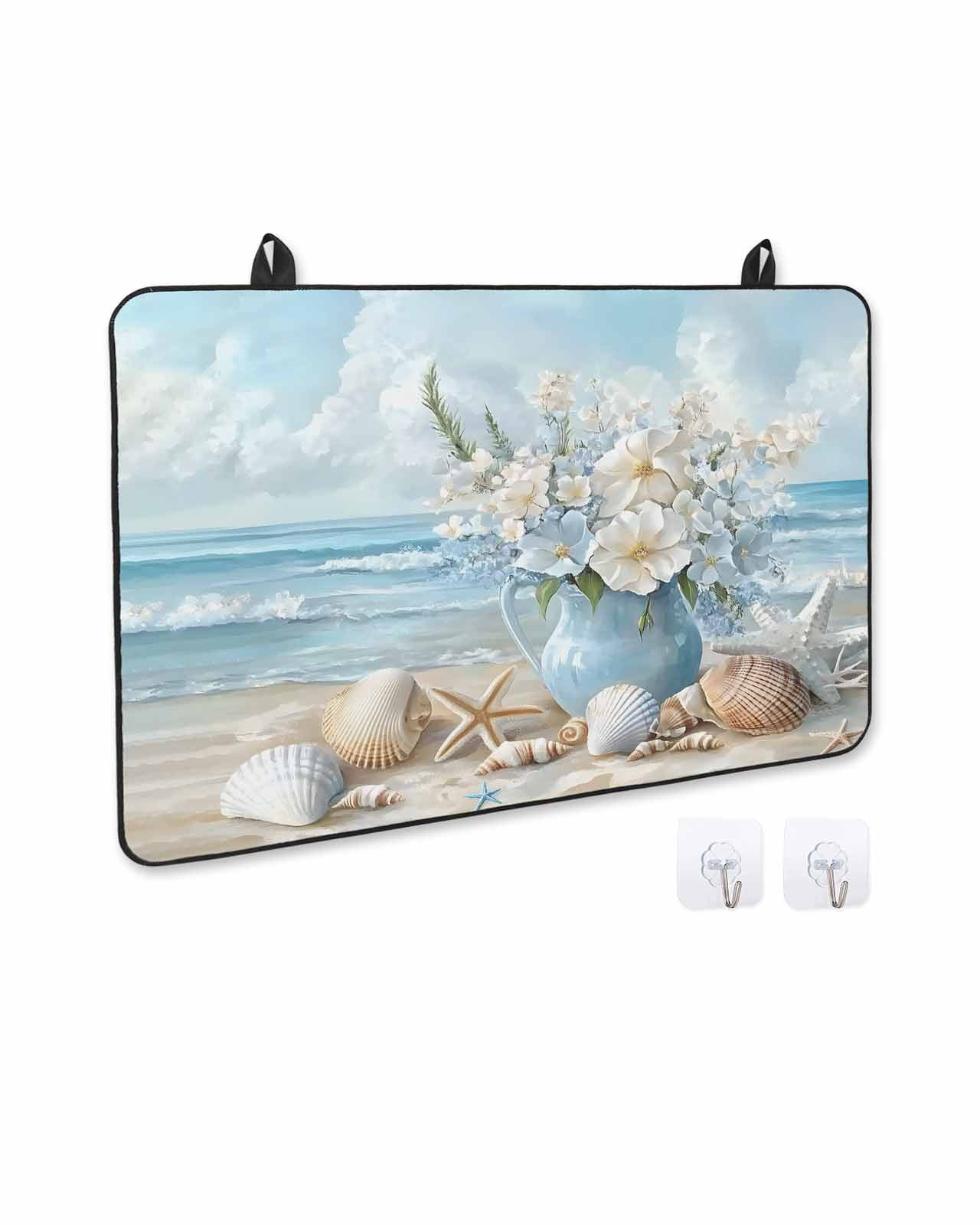 nqOlkjepod Large Induction Cooktop Protector Mat 36"x21", Coastal Flowers Stove Top Covers for Electric Stove, Blue Ocean Starfish Shell Beach Scenery Stove Burner Cover Mats, Glass Top Stove Cover