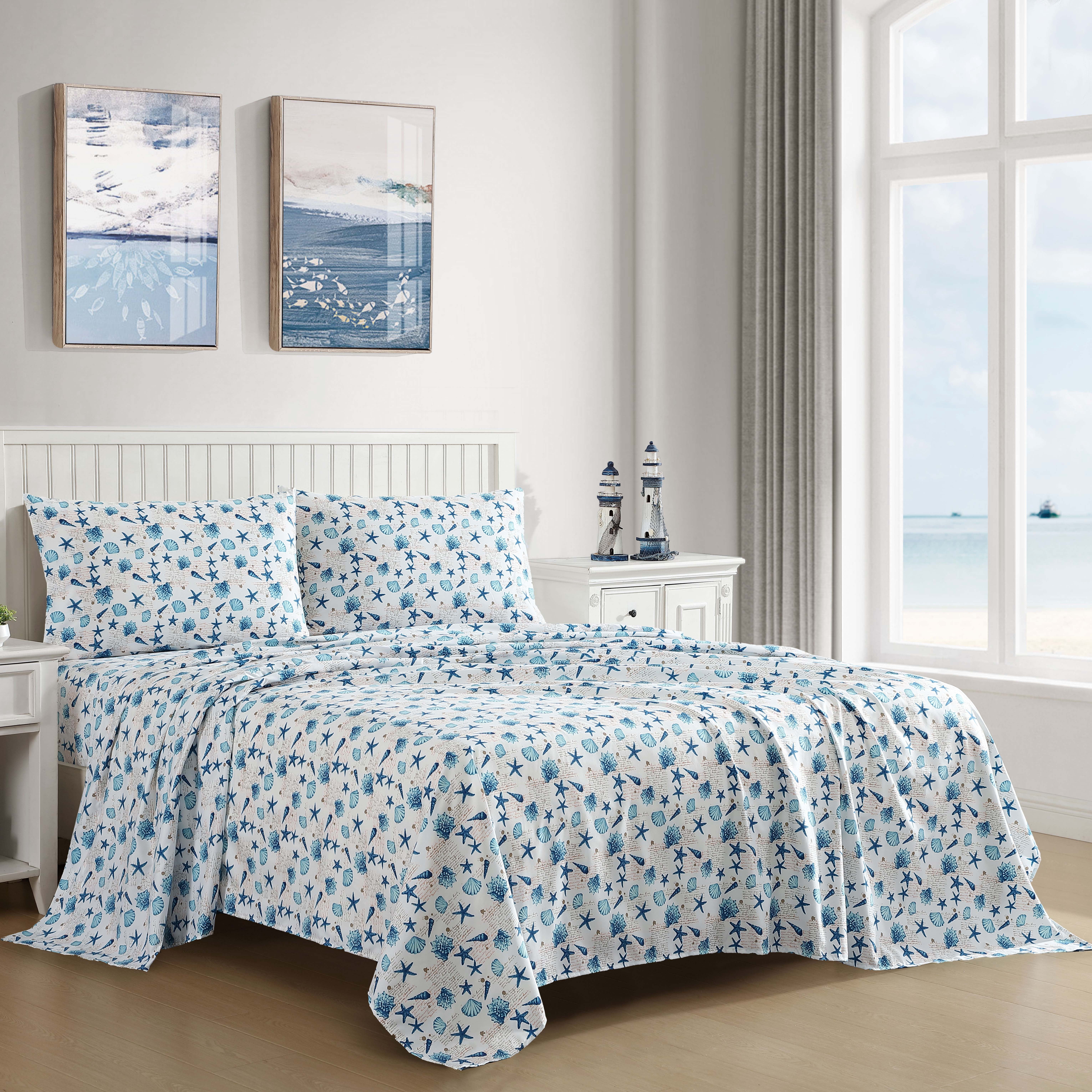 Beatrice Home Fashions Coastal Print Microfiber 4PC Sheet Set Full Shell Notes