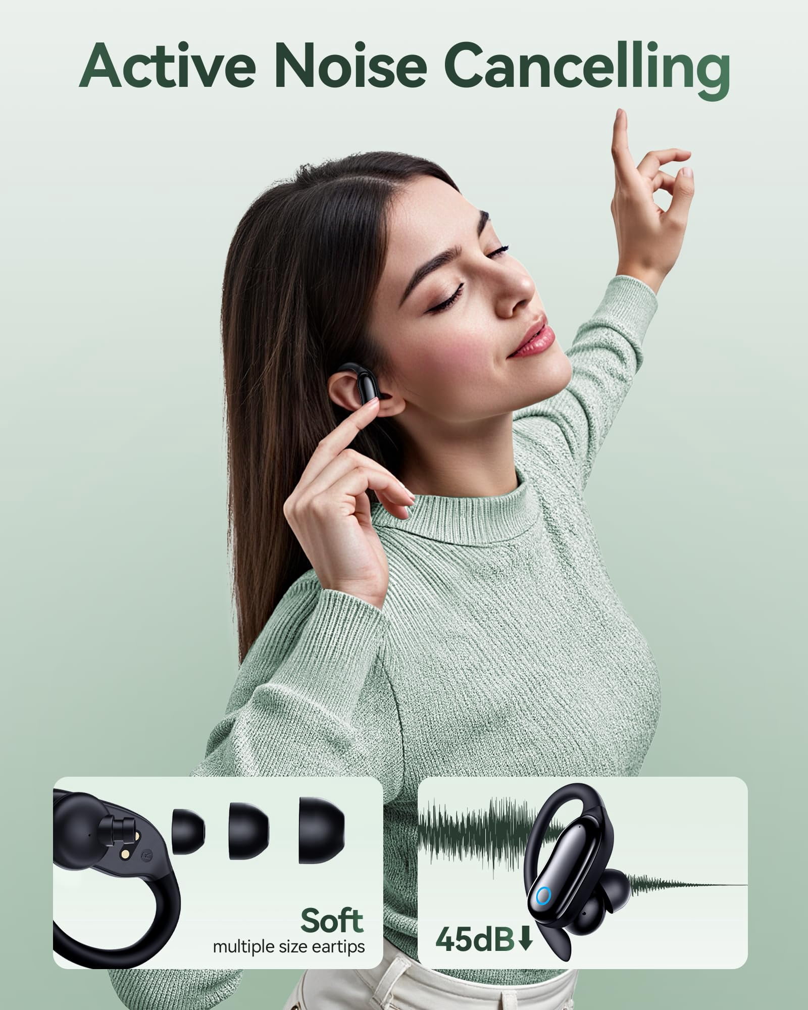 Active Noise Cancelling Ear Buds Wireless Earbuds 96hrs Playback Bluetooth Headphones Dual Battery Display Stereo Bass Earphones with Earhooks Microphone IPX7 Waterproof for Sports/Workout, Black