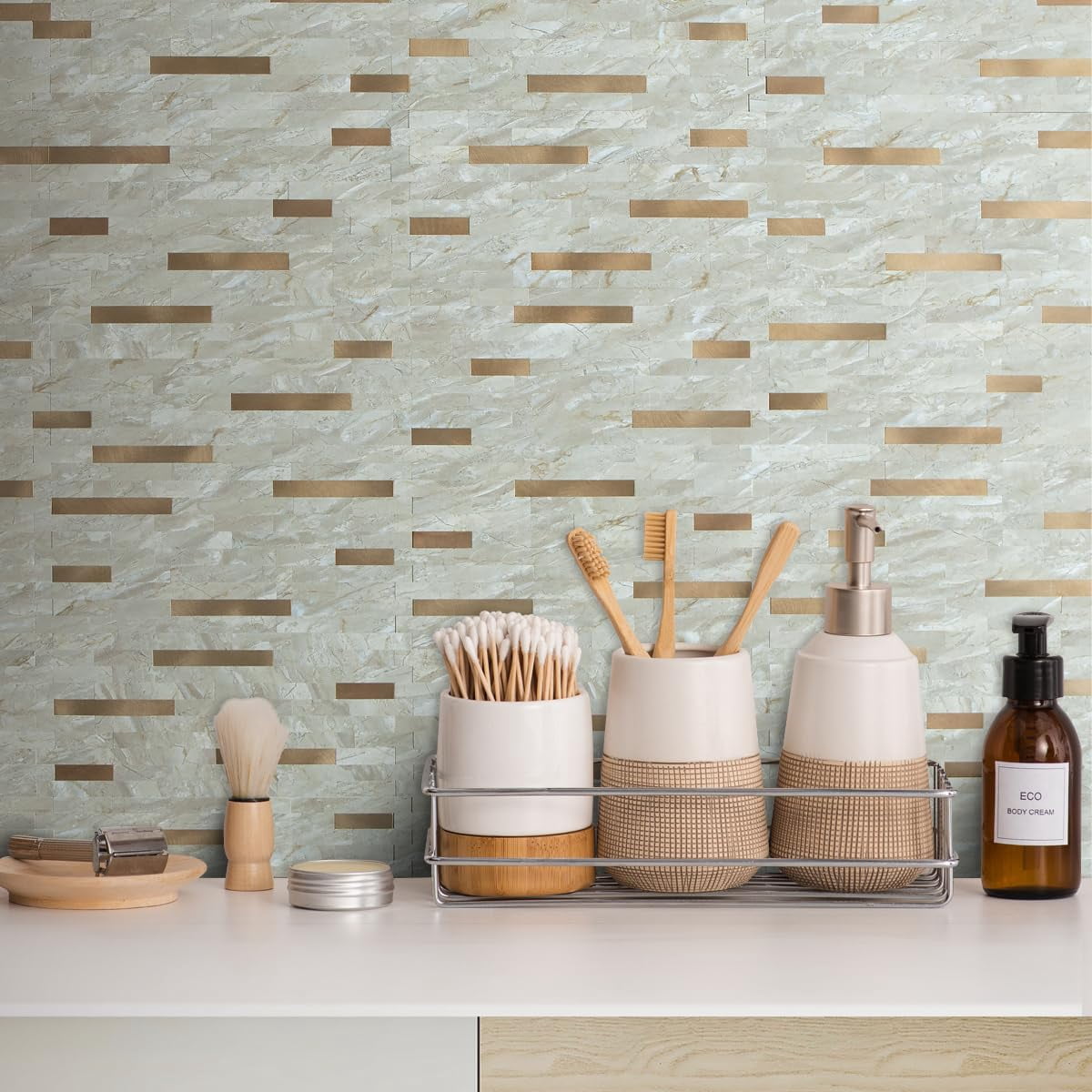 20 Sheets Faux Stone Peel And Stick Backsplash  Light Brown Marble Look Pvc Wall Tiles On For Kitchen