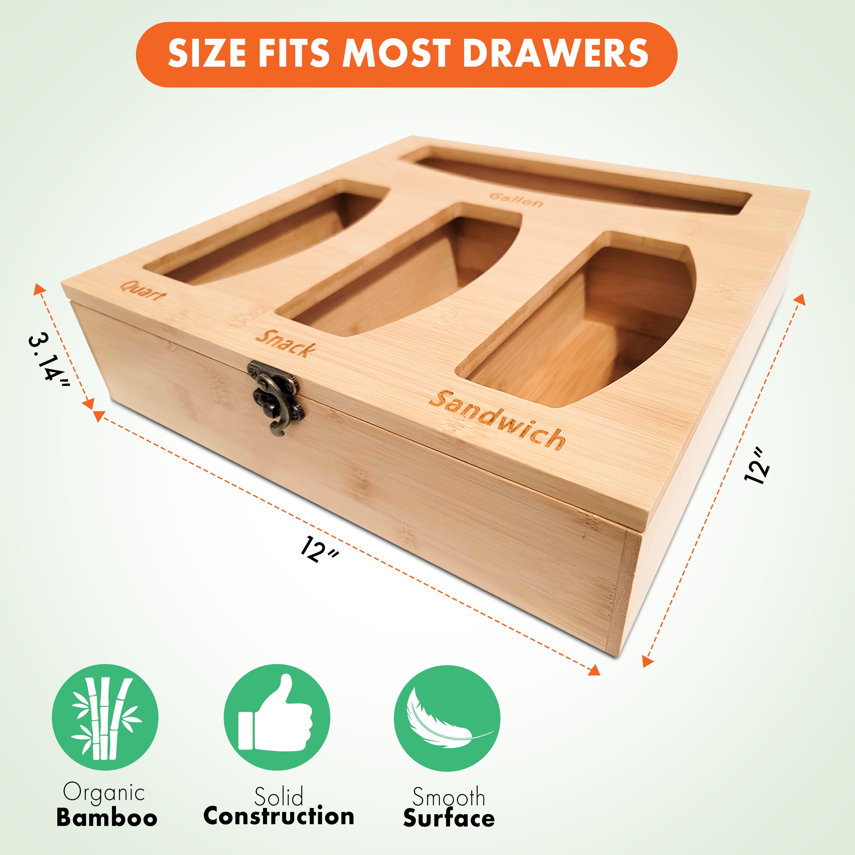Dharmagic Storage Bag Organizer - Bamboo Storage Containers with Laser Engraved Labels Compatible with Gallon, Quart, Snack & Sandwich Bags from Most Brands - Fits Standard Kitchen Drawers