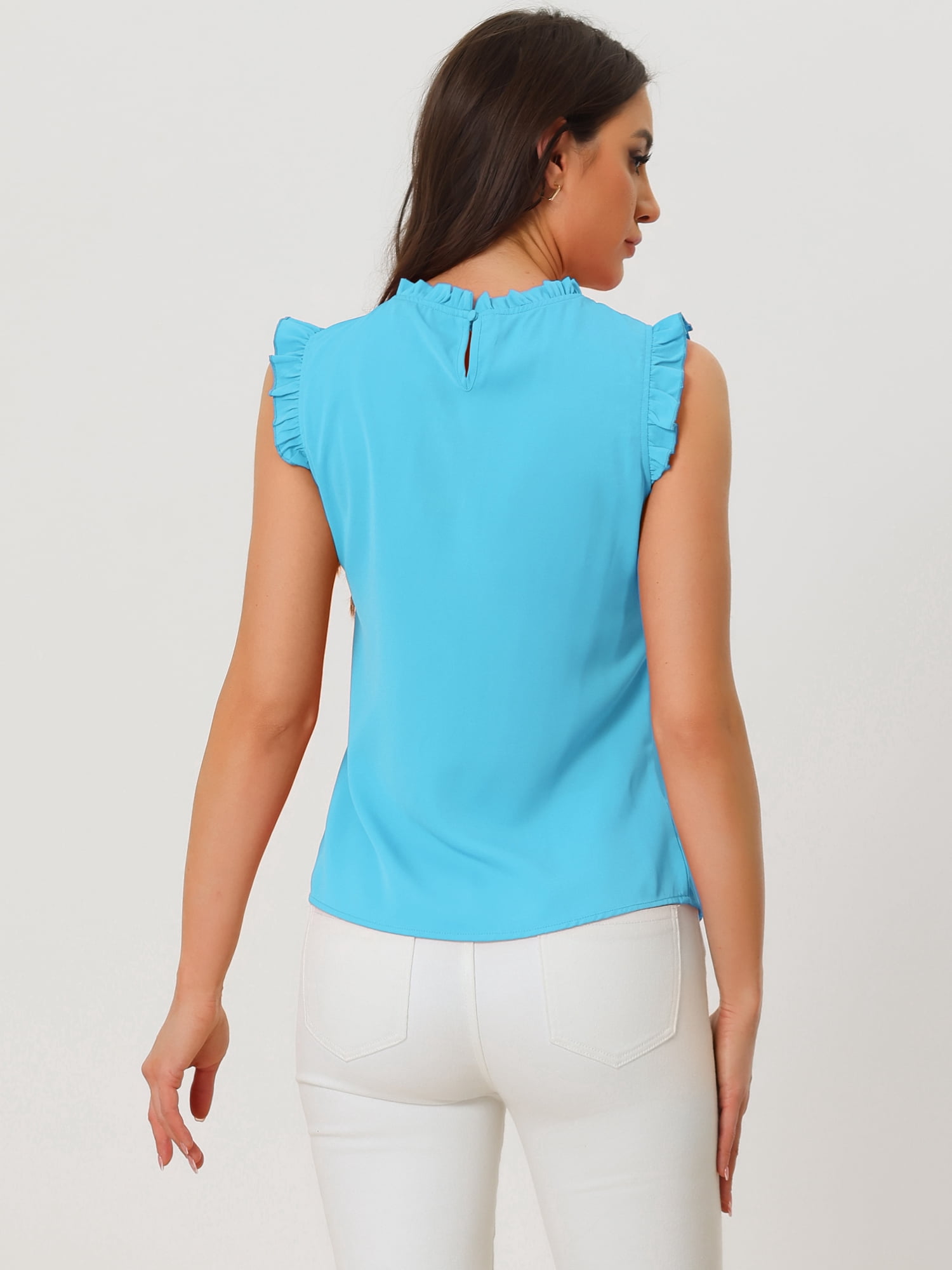 DARING DIVA Women's Ruffled Trim Pleated Plain Blouse Top M Sky Blue