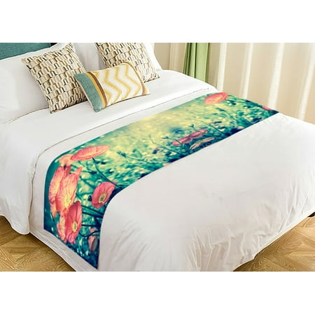Gckg Red Poppy Flower Bed Runner Romantic Floral Pattern Sunset