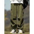 thumbnail image 2 of ZAFUL Flat Pocket Parachute Pants for Men Causal Baggy Cargo Pants Unisex Street Y2K Pants Drawstring Trousers Corduroy Amy Green S, 2 of 5