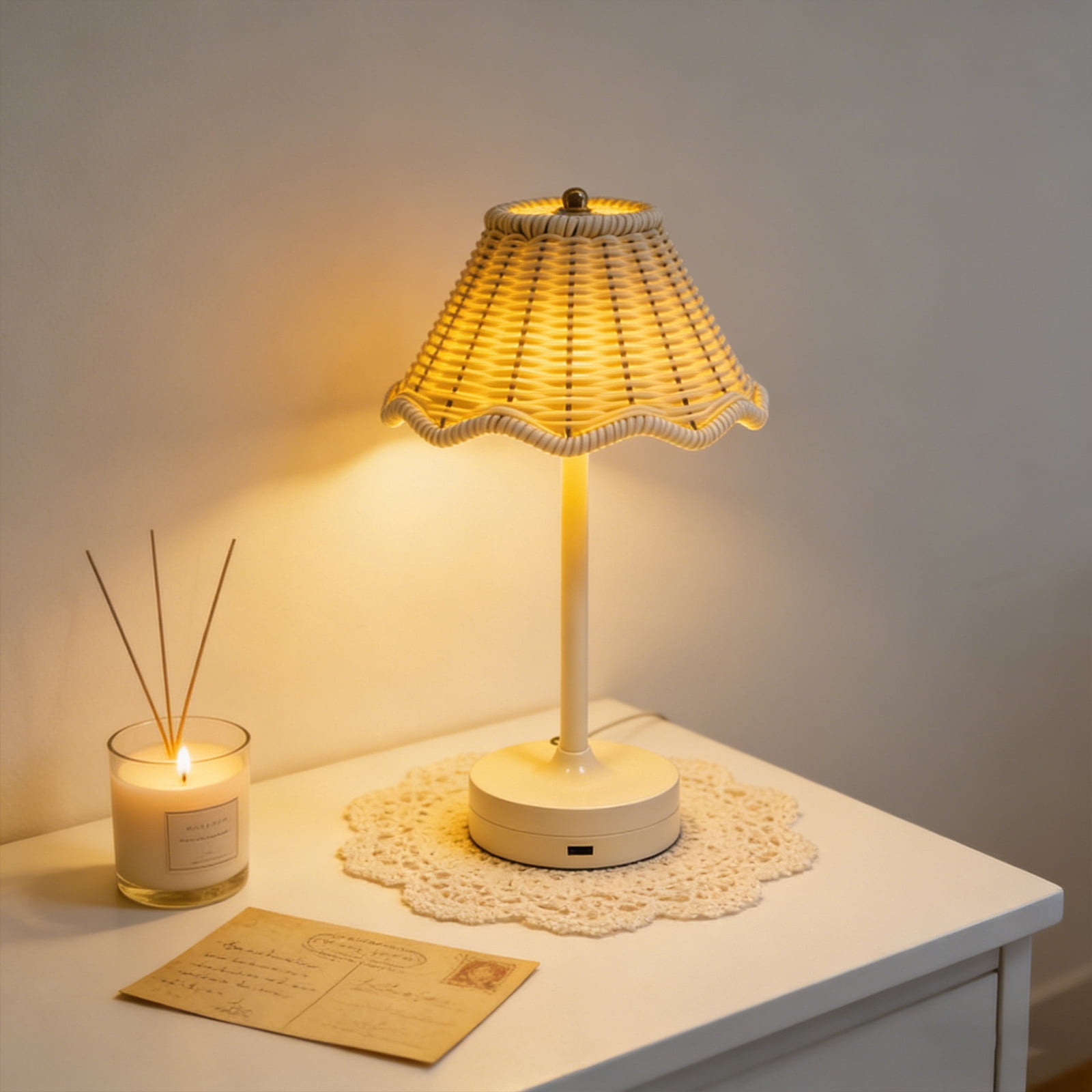 Vintage Rattan LED Table Lamp, Rechargeable Touch Control Dimmable Bedside Light with Scalloped Woven Shade for Bedroom, Living Room, and Patio Ambiance