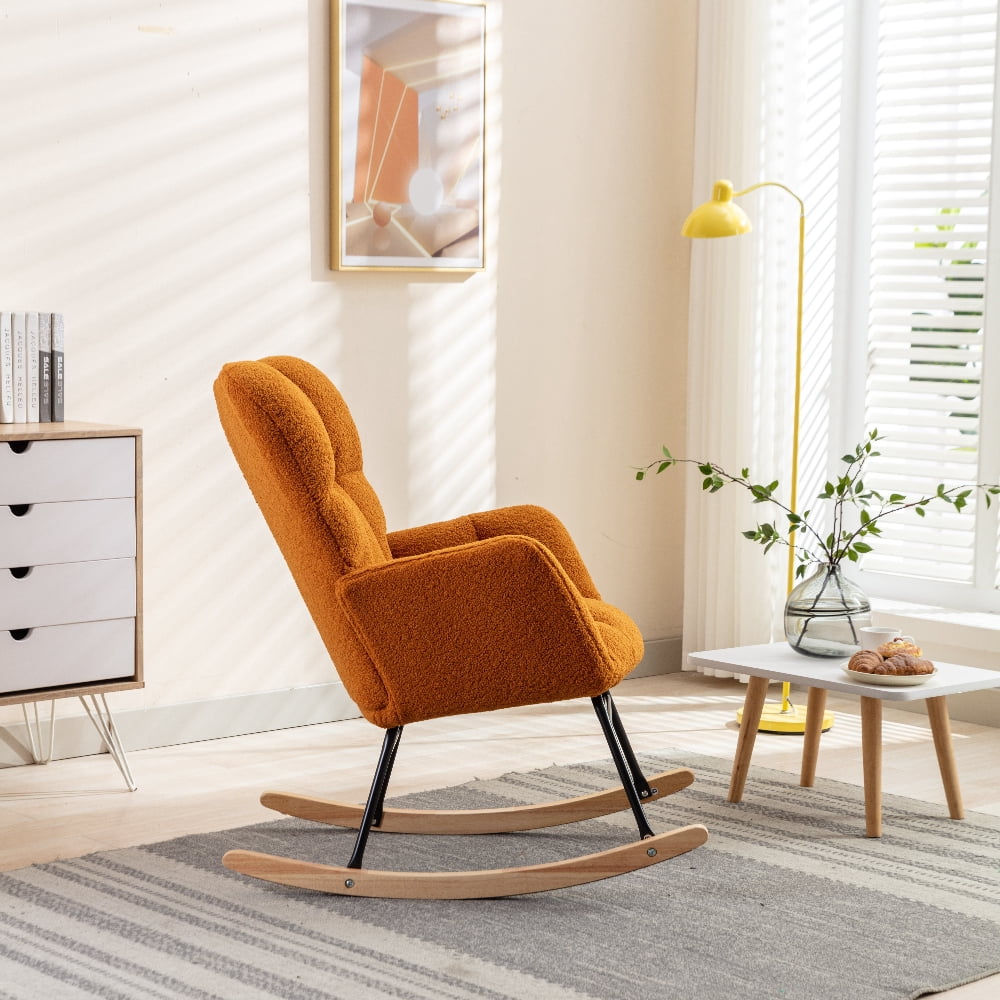 Oufan Leisure Rocking Chair With Upholstered, Teddy Fabric Nursery Rocking Chair with High Backrest & Solid Wood Frame for Living Room, Bedroom