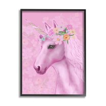 Stupell Industries Floral Pattern Pink Unicorn Adorable Mythical Creature Kids Painting Black Framed Art Print Wall Art, 24 x 30, Design by JunCo. Studio