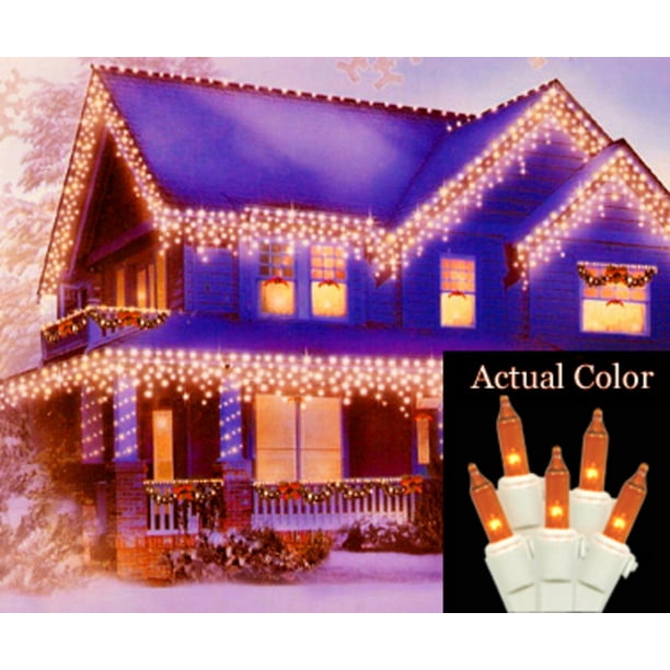 Set Of 100 Amber Icicle Christmas Lights White Wire Orange Amber Icicle Christmas Lights