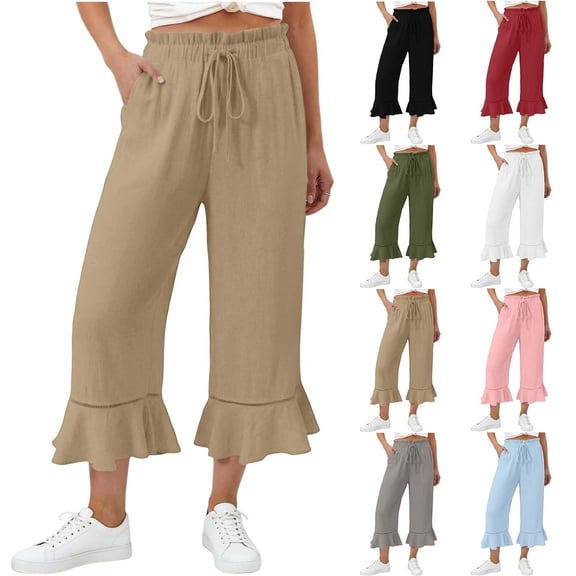 Stamzod Womens Capri Pants Summer Ruffle Wide Leg Cropped Pants Beach Travel Vacation Casual Capris with Pocket Black M
