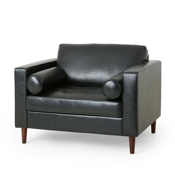Accent Club Chair- 45 Inch Padded Seat- Birch Wood Legs- Black Faux Leather